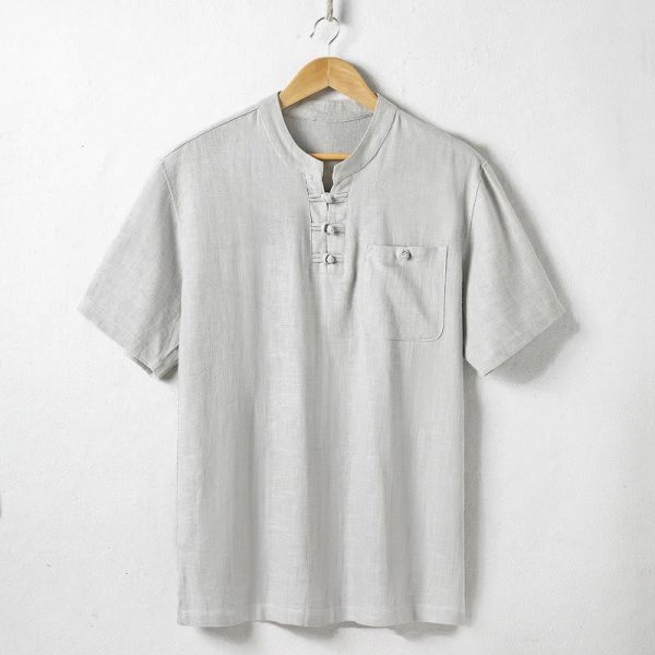 Buddha Stones Loose Men s Shirt Solid Color Notched Neck Top Short Sleeve Comfy Button Breathable Cotton Linen Shirt Supply - Image 5