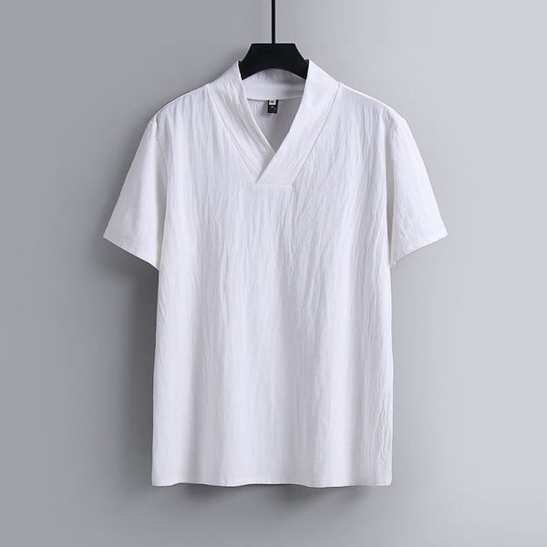 Buddha Stones Loose Men s T-Shirt Solid Color Top Short Sleeve V Collar Breathable Linen Shirt Online Hot Sale - Image 2