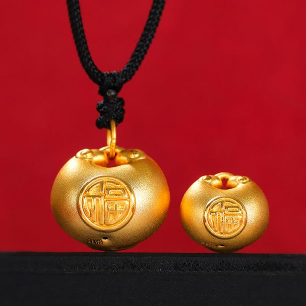 Buddha Stones 999 Gold Fu Character Wish Lock Pattern Luck Rope Necklace Pendant Supply