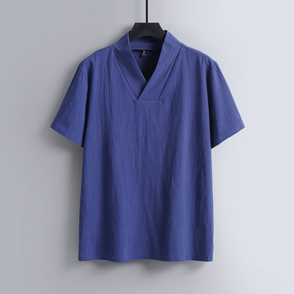 Buddha Stones Loose Men s T-Shirt Solid Color Top Short Sleeve V Collar Breathable Linen Shirt Online Hot Sale - Image 4