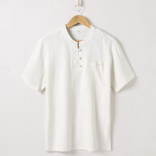 Buddha Stones Loose Men s Shirt Solid Color Notched Neck Top Short Sleeve Comfy Button Breathable Cotton Linen Shirt Supply - Image 2