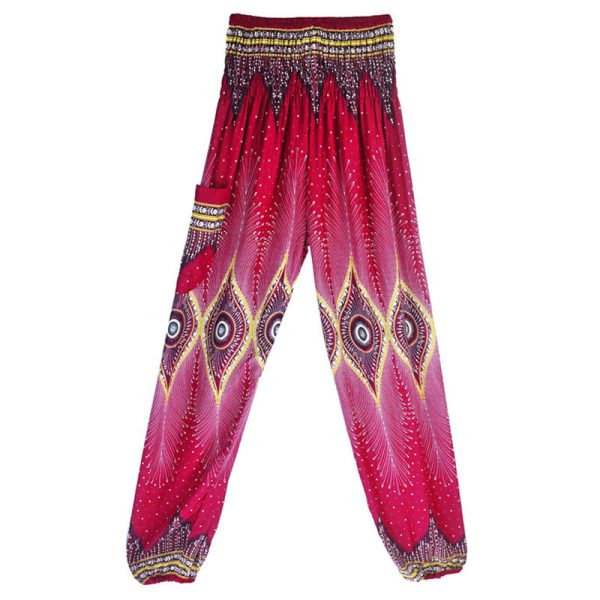 Buddha Stones Small Eye Peacock Feathers Pattern Loose Smocked Harem Trousers High Waist Women s Yoga Pants Sale - Image 5