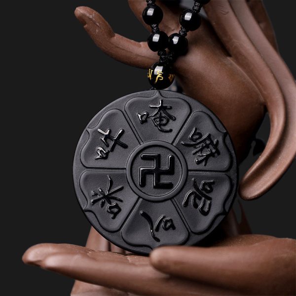 Buddha Stones Natural Black Obsidian Tibetan Om Mani Padme Hum Buddha Swastika Luck Necklace Pendant For Discount - Image 4