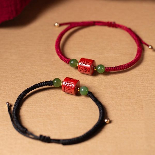 Buddha Stones Tibetan Cinnabar Om Mani Padme Hum Engraved Blessing Braided Rope Bracelet Online now - Image 2