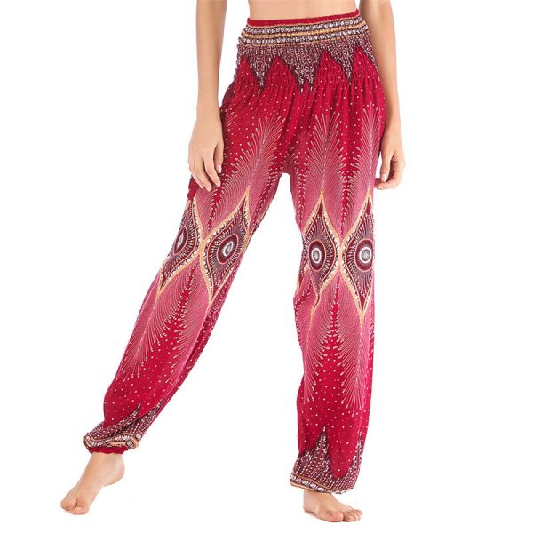 Buddha Stones Small Eye Peacock Feathers Pattern Loose Smocked Harem Trousers High Waist Women s Yoga Pants Sale