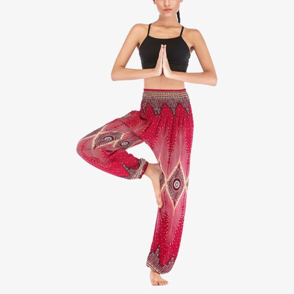Buddha Stones Small Eye Peacock Feathers Pattern Loose Smocked Harem Trousers High Waist Women s Yoga Pants Sale - Image 2