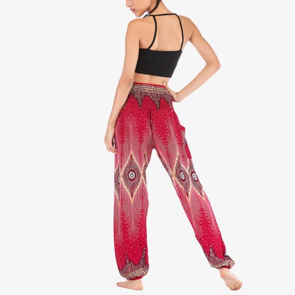 Buddha Stones Small Eye Peacock Feathers Pattern Loose Smocked Harem Trousers High Waist Women s Yoga Pants Sale - Image 4