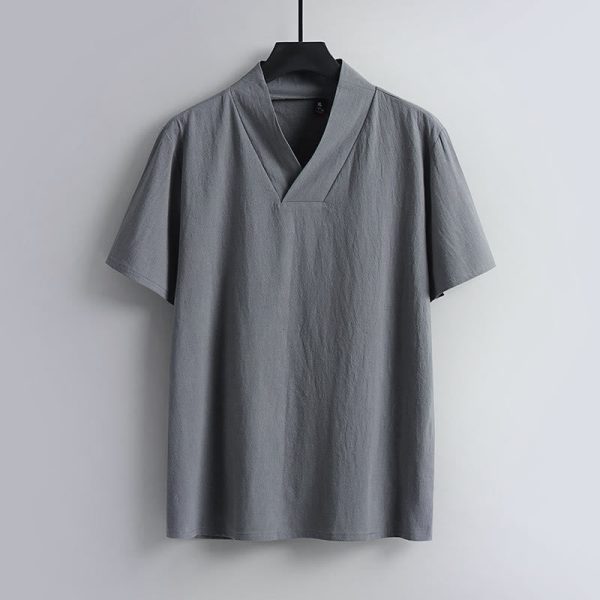 Buddha Stones Loose Men s T-Shirt Solid Color Top Short Sleeve V Collar Breathable Linen Shirt Online Hot Sale