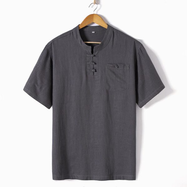 Buddha Stones Loose Men s Shirt Solid Color Notched Neck Top Short Sleeve Comfy Button Breathable Cotton Linen Shirt Supply - Image 4
