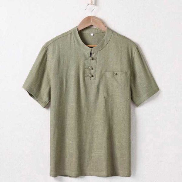 Buddha Stones Loose Men s Shirt Solid Color Notched Neck Top Short Sleeve Comfy Button Breathable Cotton Linen Shirt Supply