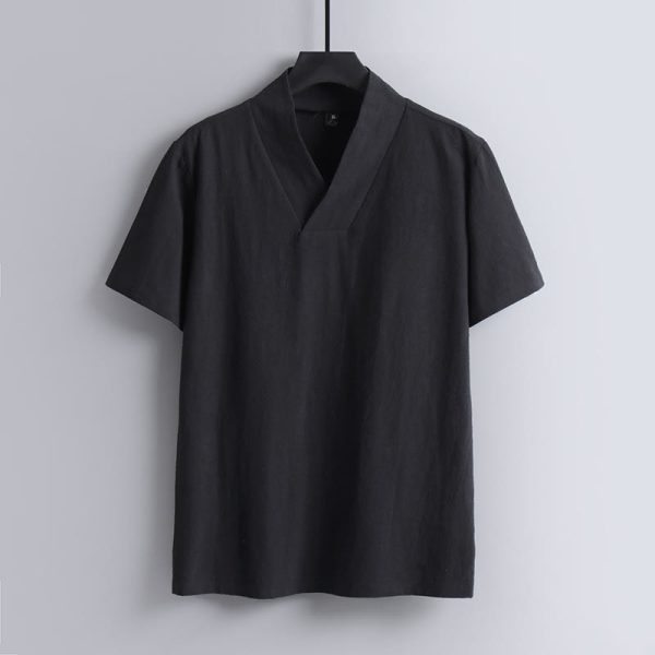 Buddha Stones Loose Men s T-Shirt Solid Color Top Short Sleeve V Collar Breathable Linen Shirt Online Hot Sale - Image 3