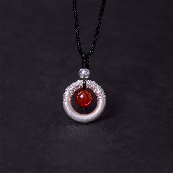 Buddha Stones 999 Sterling Silver Red Agate Peace Buckle Blessing Necklace Pendant Online now - Image 4