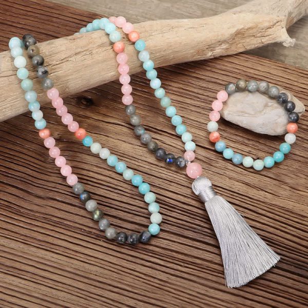 108 Mala Beads Amazonite Black Glitter Stone Positive Tassel Bracelet (Extra 30% Off | USE CODE: FS30) Online - Image 3