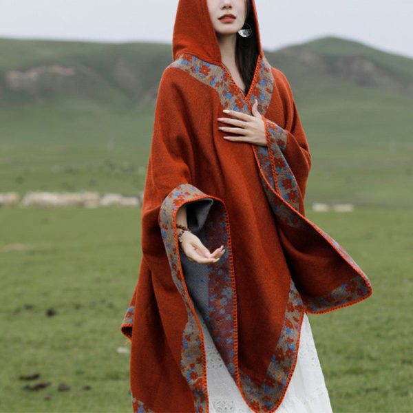 Buddha Stones Tibetan Shawl Border Small Floral Flower Hooded Cloak Winter Cozy Travel Scarf Wrap Online - Image 4