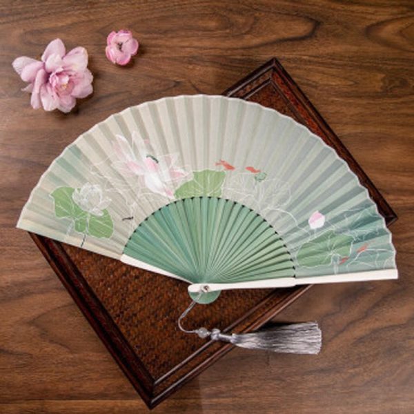 Buddha Stones Jasmine Lotus Begonia Flowers Handheld Bamboo Folding Fan For Cheap - Image 5