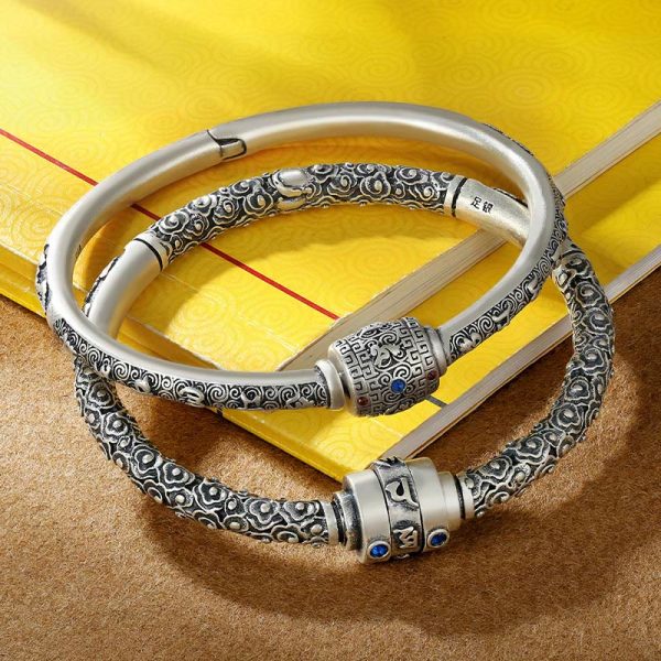 Buddha Stones 990 Sterling Silver Tibetan Auspicious Clouds Om Mani Padme Hum Engraved Creativity Bracelet Bangle Online - Image 2