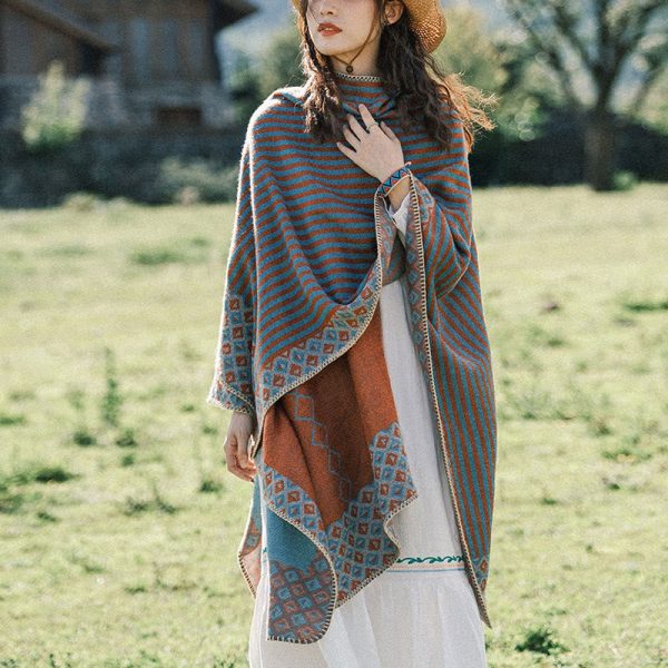 Buddha Stones Tibetan Shawl Striped Diamond Pattern Winter Warm Soft Scarf Online now - Image 2