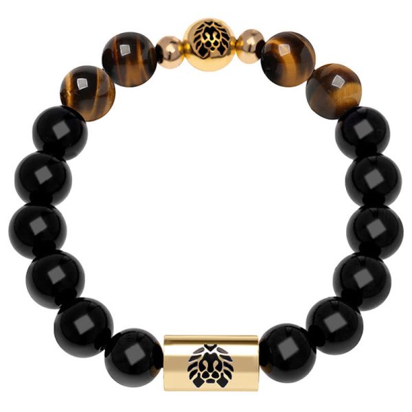 Buddha Stones Black Onyx Tiger Eye Bead Lion Engraved Protection Bracelet For Sale
