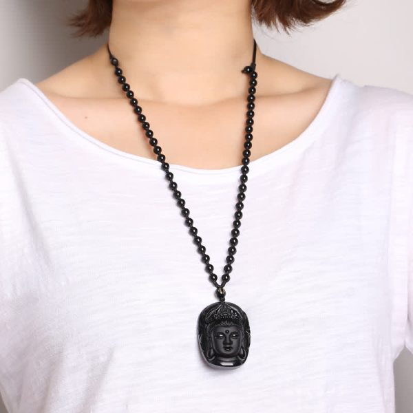 Buddha Stones Natural Black Obsidian Kwan Yin Avalokitesvara Strength String Necklace Pendant Online - Image 3