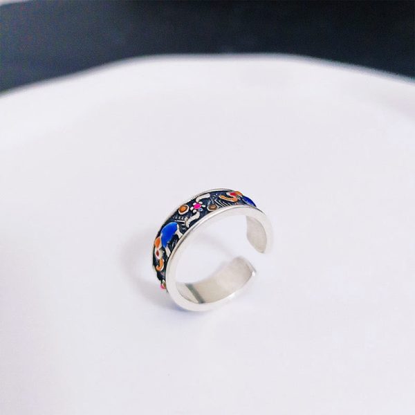 Buddha Stones Colorful Elephant Carved Strength Adjustable Ring For Sale - Image 2