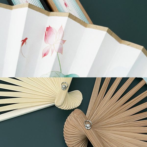 Buddha Stones Retro Lotus Flower Leaf Mountain Lake Handheld Folding Fan With Bamboo Frames Sale - Image 5