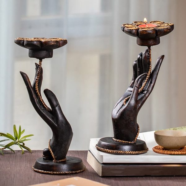 Buddha Stones Hand Pattern Wood Candlestick Home Candle Holder Decoration For Sale - Image 2