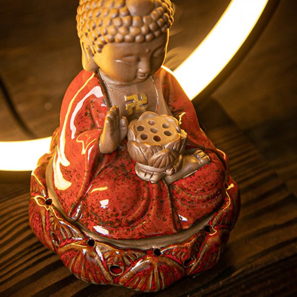 Buddha Stones Buddha Lotus Backflow Smoke Fountain Ceramic Blessing Incense Burner With Light Decoration Hot on Sale - Image 4