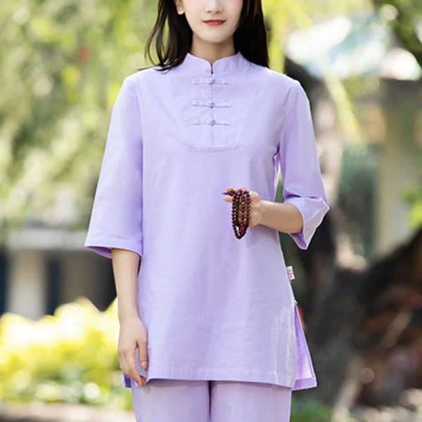 Buddha Stones 2Pcs Half Sleeve Shirt Top Pants Meditation Zen Tai Chi Cotton Linen Clothing Women s Set on Sale - Image 3