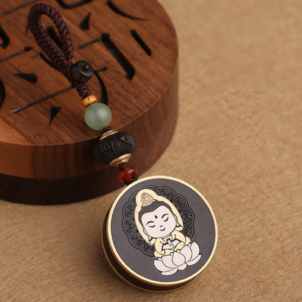 Buddha Stones Ebony Wood Rosewood Buddha Avalokitesvara Om Mani Padme Hum Balance Car Key Chain Decoration Online now - Image 5