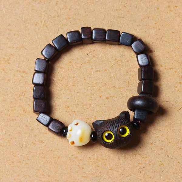 Buddha Stones Ebony Wood Cute Cat Bodhi Seed Paw Claw Square Beads Calm Bracelet Cheap - Image 2