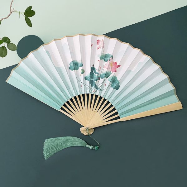 Buddha Stones Retro Lotus Flower Leaf Mountain Lake Handheld Folding Fan With Bamboo Frames Sale - Image 2
