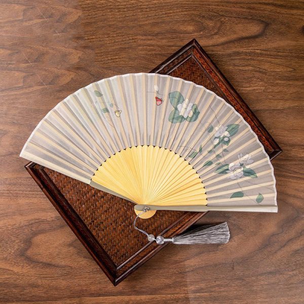 Buddha Stones Jasmine Lotus Begonia Flowers Handheld Bamboo Folding Fan For Cheap - Image 2
