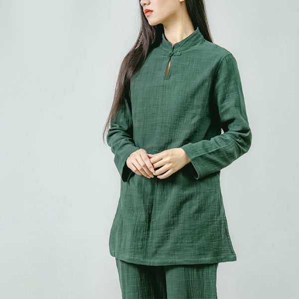 Buddha Stones 2Pcs Tang Suit Frog-Button Shirt Top Pants Meditation Zen Tai Chi Cotton Linen Clothing Women s Set Hot on Sale - Image 3
