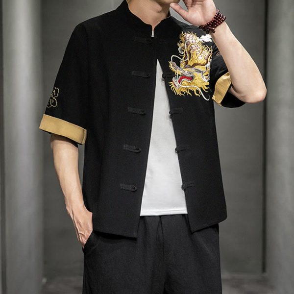 Buddha Stones Frog-Button Chinese Dragon Auspicious Cloud Embroidery Half Sleeve Shirt Cotton Linen Men Clothing Online now - Image 4