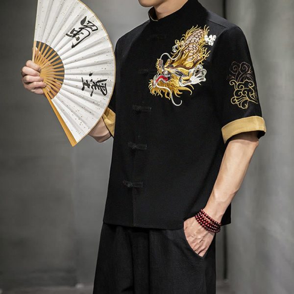 Buddha Stones Frog-Button Chinese Dragon Auspicious Cloud Embroidery Half Sleeve Shirt Cotton Linen Men Clothing Online now - Image 5