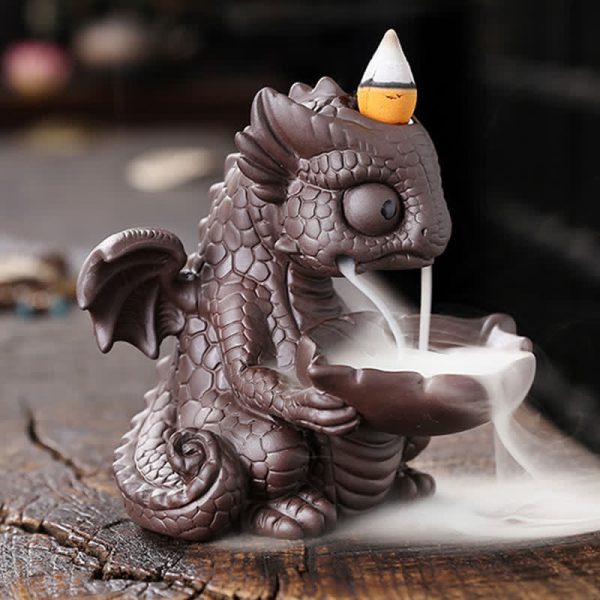 Buddha Stones Lovely Dinosaur Purple Clay Backflow Smoke Fountain Healing Incense Burner Decoration Online Hot Sale - Image 2