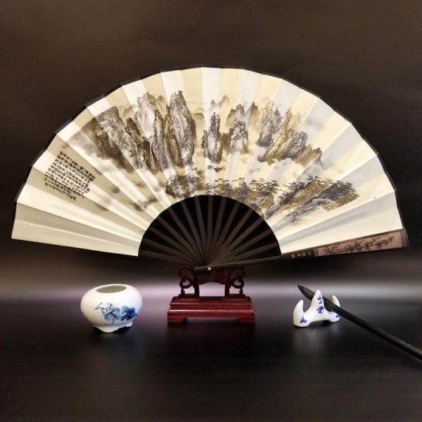 Buddha Stones Great Wall Mountains Trees Crane Bamboo Handheld Bamboo Folding Fan 33.5cm Online Hot Sale - Image 2