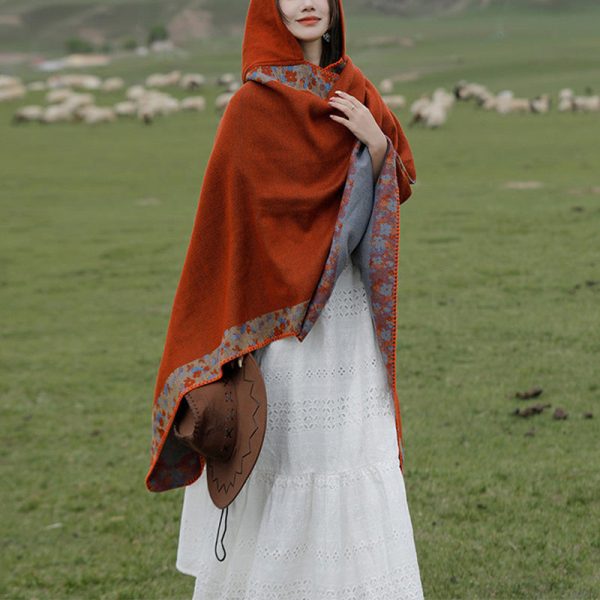 Buddha Stones Tibetan Shawl Border Small Floral Flower Hooded Cloak Winter Cozy Travel Scarf Wrap Online