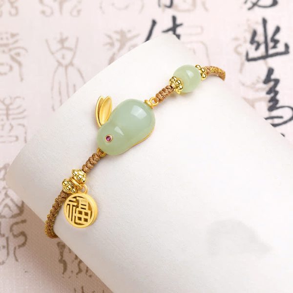 Buddha Stones Year of the Rabbit Hetian Jade Happiness Blessing Wealth String Bracelet Online Sale - Image 2