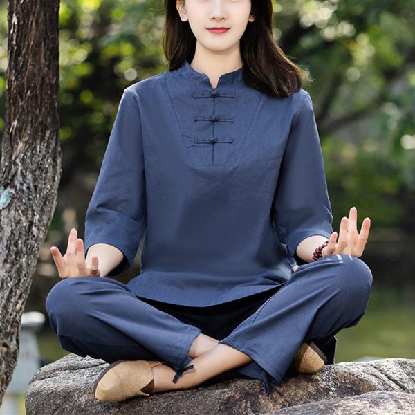 Buddha Stones 2Pcs Half Sleeve Shirt Top Pants Meditation Zen Tai Chi Cotton Linen Clothing Women s Set on Sale