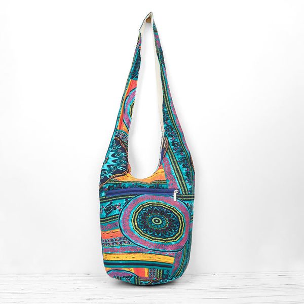 Buddha Stones Blue Flower Pattern Cotton Crossbody Bag Shoulder Bag Sale - Image 3