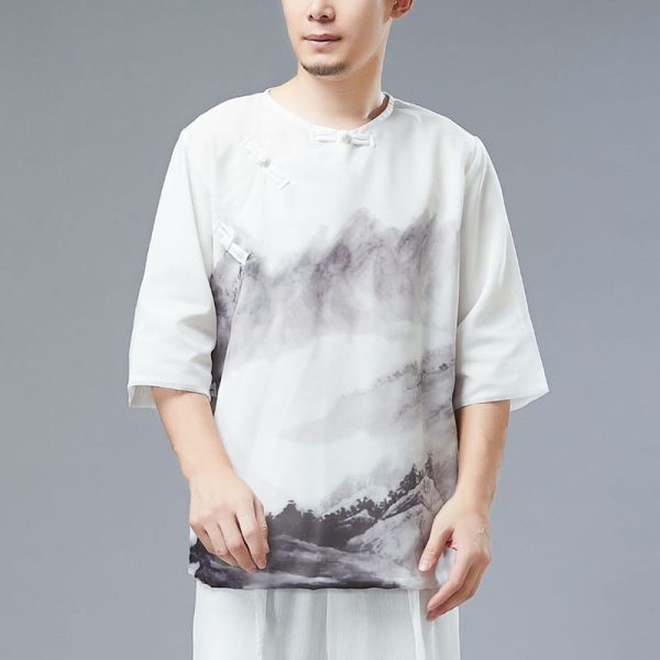 Buddha Stones Men s Frog-Button Mountain Landscape Ink Painting Half Sleeve Shirt Discount