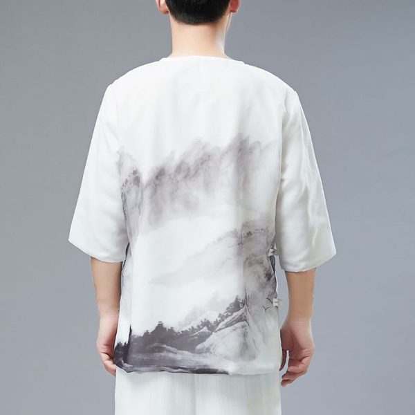 Buddha Stones Men s Frog-Button Mountain Landscape Ink Painting Half Sleeve Shirt Discount - Image 3