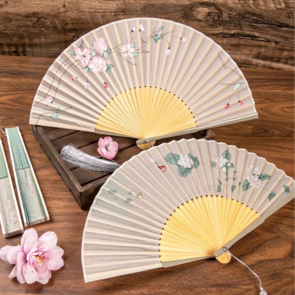 Buddha Stones Jasmine Lotus Begonia Flowers Handheld Bamboo Folding Fan For Cheap - Image 3