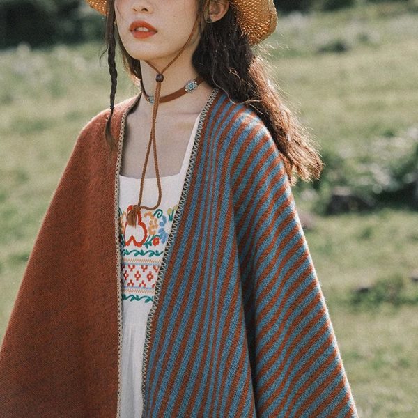 Buddha Stones Tibetan Shawl Striped Diamond Pattern Winter Warm Soft Scarf Online now - Image 4