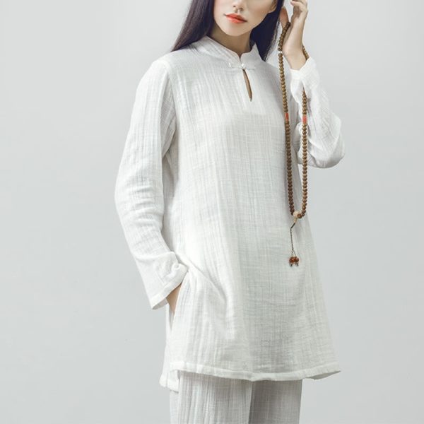 Buddha Stones 2Pcs Tang Suit Frog-Button Shirt Top Pants Meditation Zen Tai Chi Cotton Linen Clothing Women s Set Hot on Sale - Image 2