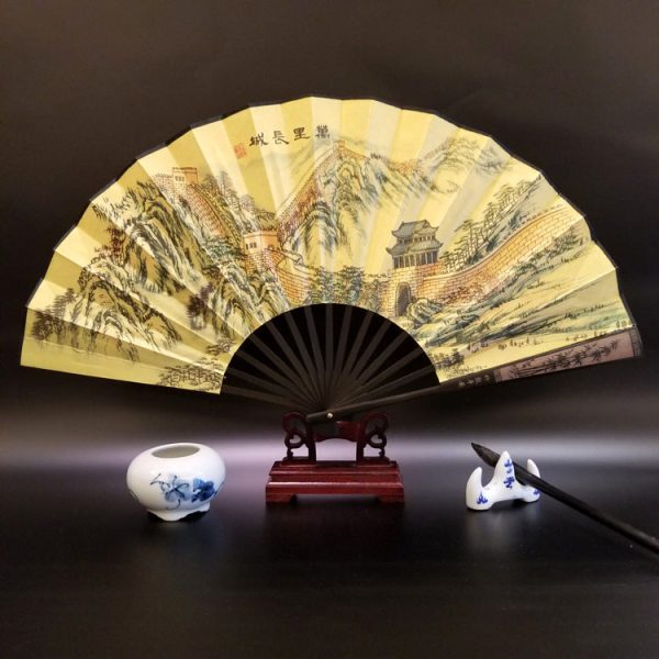 Buddha Stones Great Wall Mountains Trees Crane Bamboo Handheld Bamboo Folding Fan 33.5cm Online Hot Sale