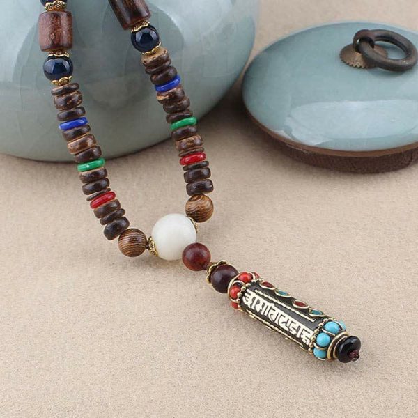Buddha Stones Tibetan Om Mani Padme Hum Dzi Bead Wenge Wood Necklace Pendant For Cheap - Image 4